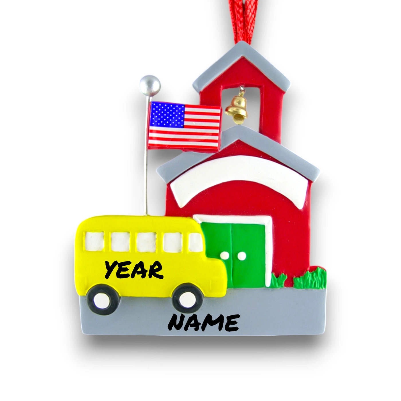 Personalized School Bus Christmas Ornament with Red Schoolhouse – Custom Name and Year Resin Ornament