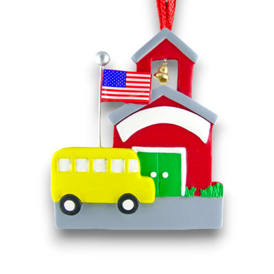 Personalized School Bus Christmas Ornament with Red Schoolhouse – Custom Name and Year Resin Ornament