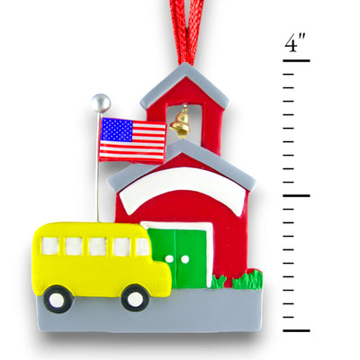 Personalized School Bus Christmas Ornament with Red Schoolhouse – Custom Name and Year Resin Ornament