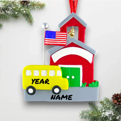 Personalized School Bus Christmas Ornament with Red Schoolhouse – Custom Name and Year Resin Ornament