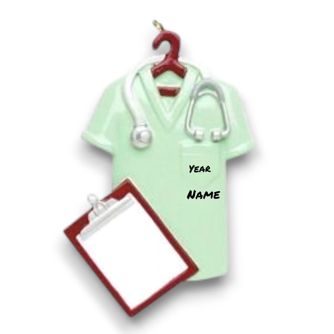 Personalized Scrubs Green Christmas Ornament featuring a scrub top, stethoscope, and clipboard with customizable name and year.