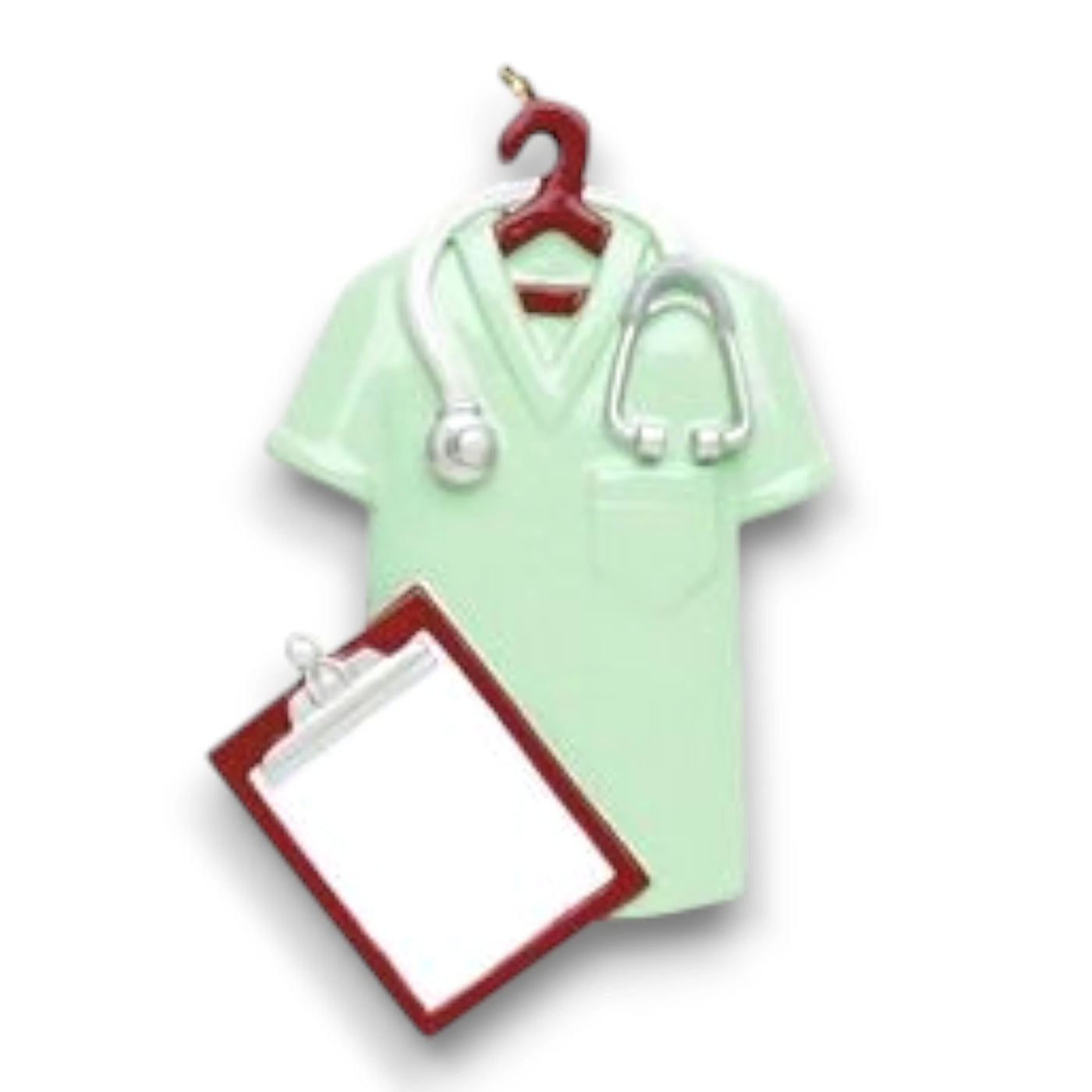 Personalized Scrubs Green Christmas Ornament featuring a scrub top, stethoscope, and clipboard with customizable name and year.