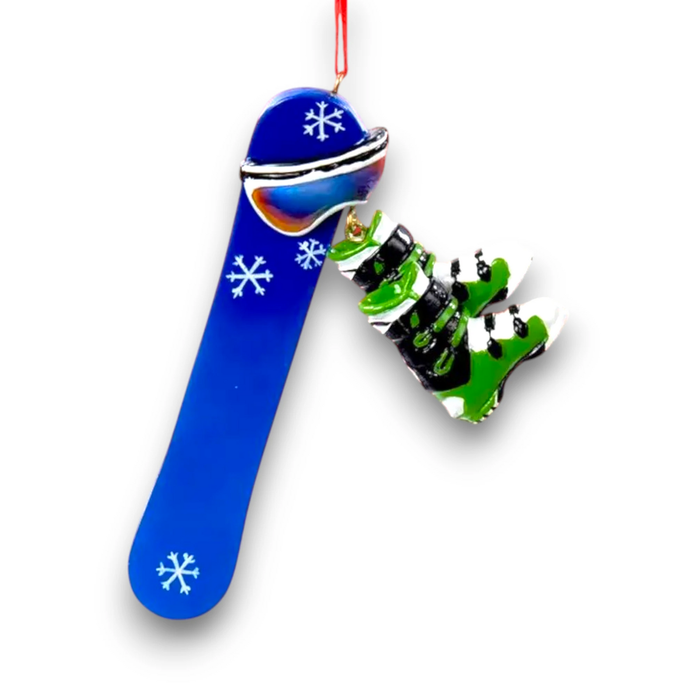 Personalized Snowboard Christmas Ornament featuring a blue snowboard with white snowflake details and dangling green snowboard boots, customizable with name and year.
