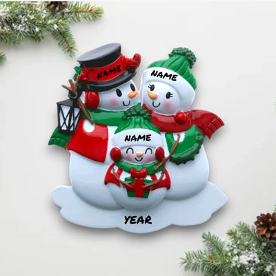 Personalized Snowman Family of 3 Christmas Ornament with customizable names and year, featuring three snowmen in holiday attire with a lantern.