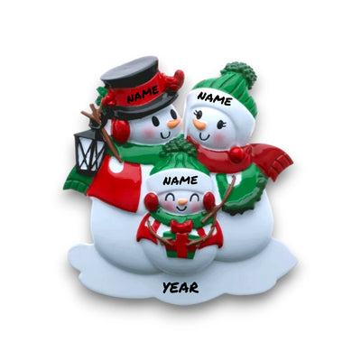 Personalized Snowman Family of 3 Christmas Ornament with customizable names and year, featuring three snowmen in holiday attire with a lantern.