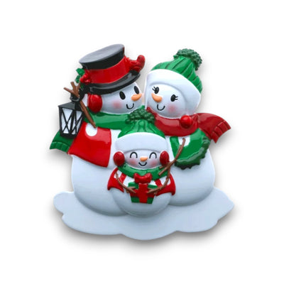 Personalized Snowman Family of 3 Christmas Ornament with customizable names and year, featuring three snowmen in holiday attire with a lantern.