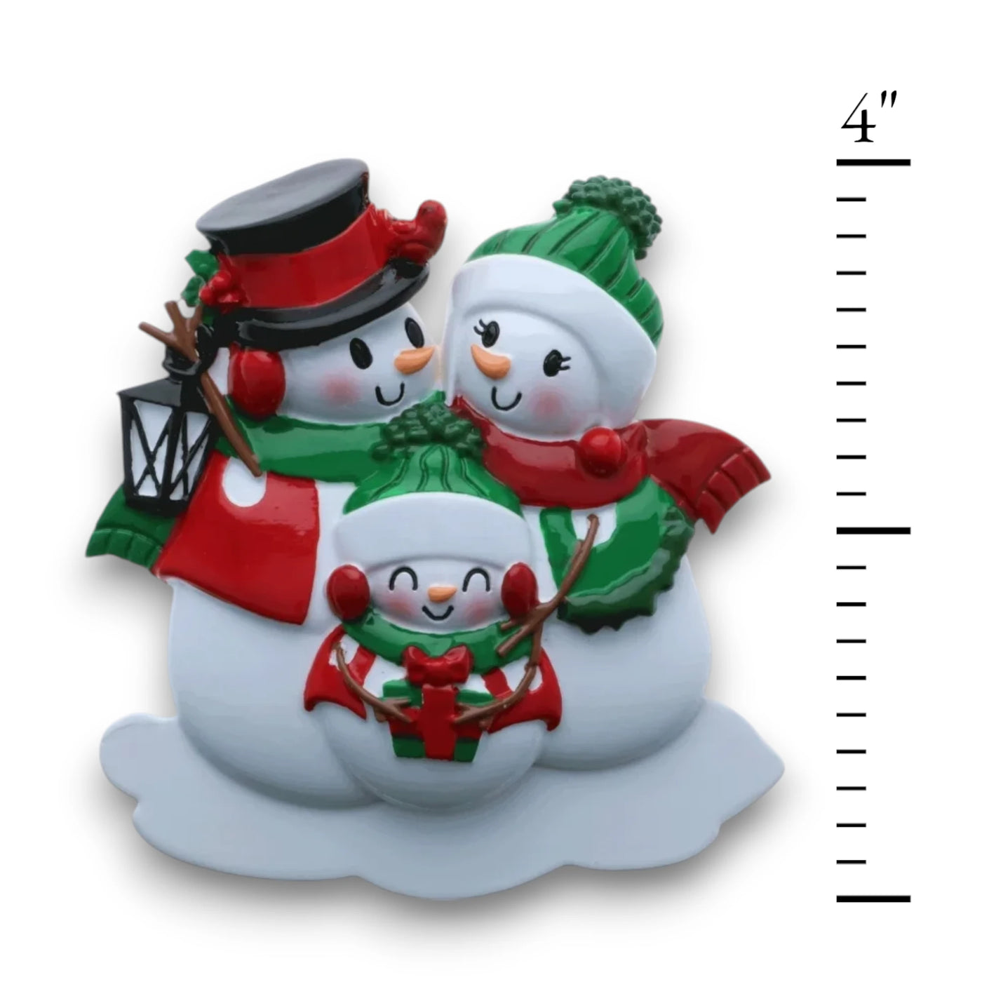 Personalized Snowman Family of 3 Christmas Ornament with customizable names and year, featuring three snowmen in holiday attire with a lantern.