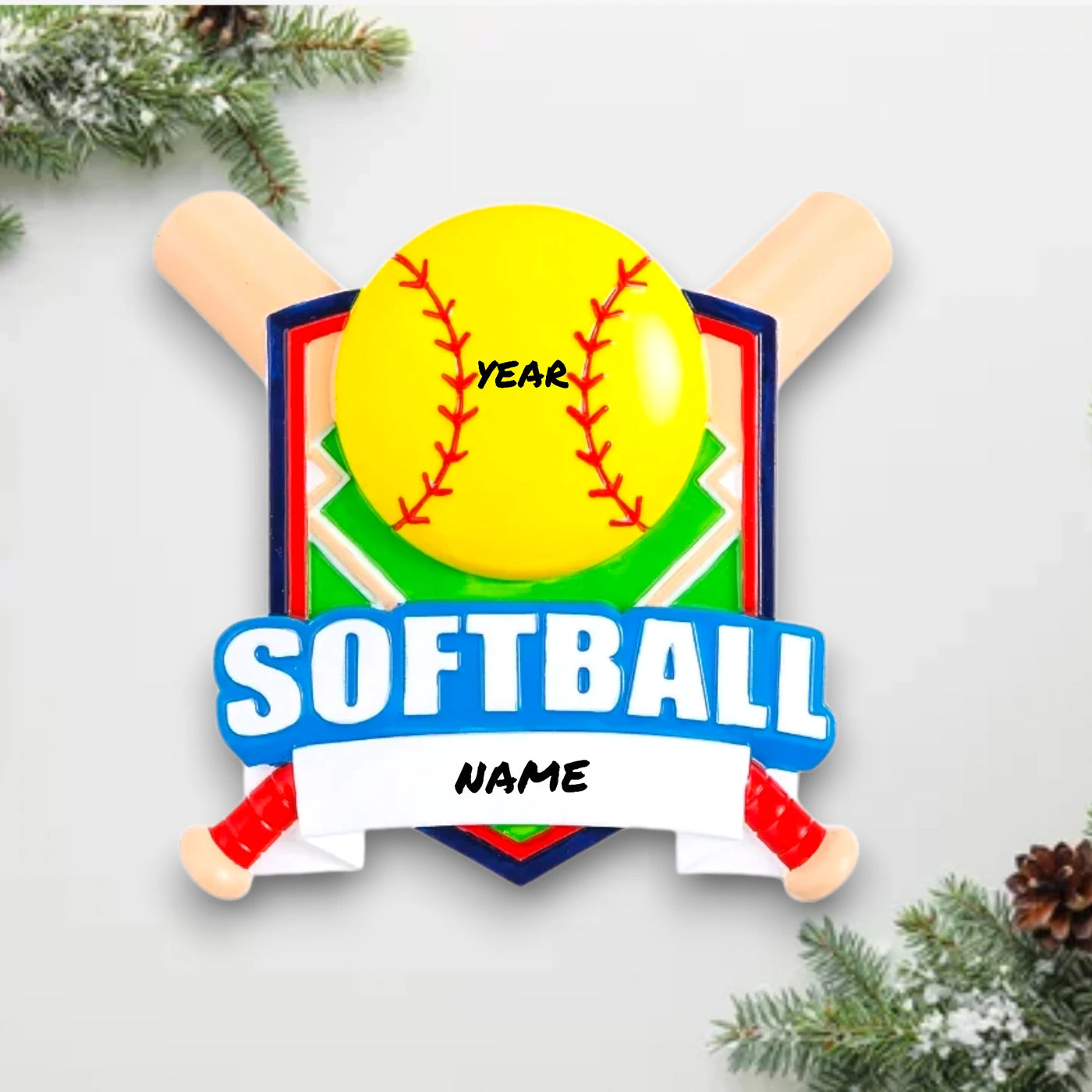 Personalized Softball Shield Christmas Ornament with customizable name and year, featuring a yellow softball and crossed bats on a colorful shield background.

