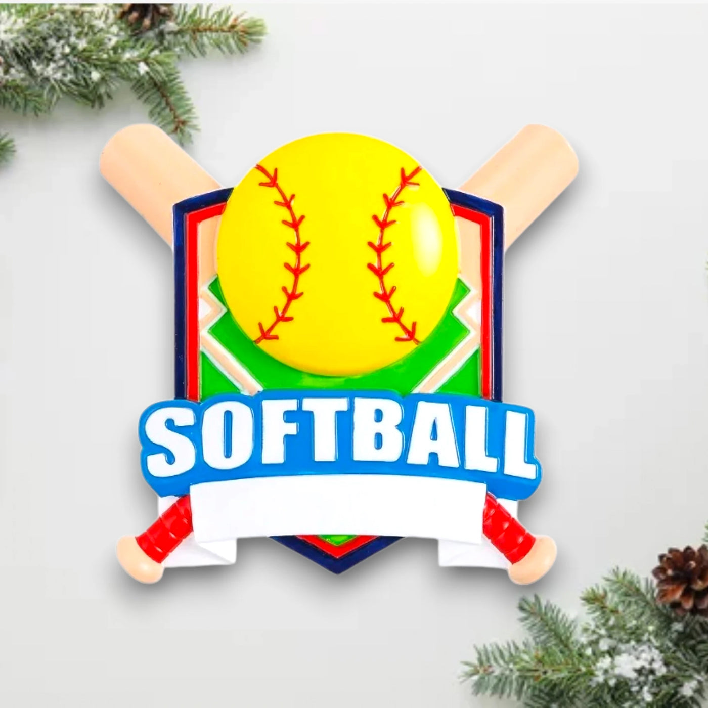 Personalized Softball Shield Christmas Ornament with customizable name and year, featuring a yellow softball and crossed bats on a colorful shield background.

