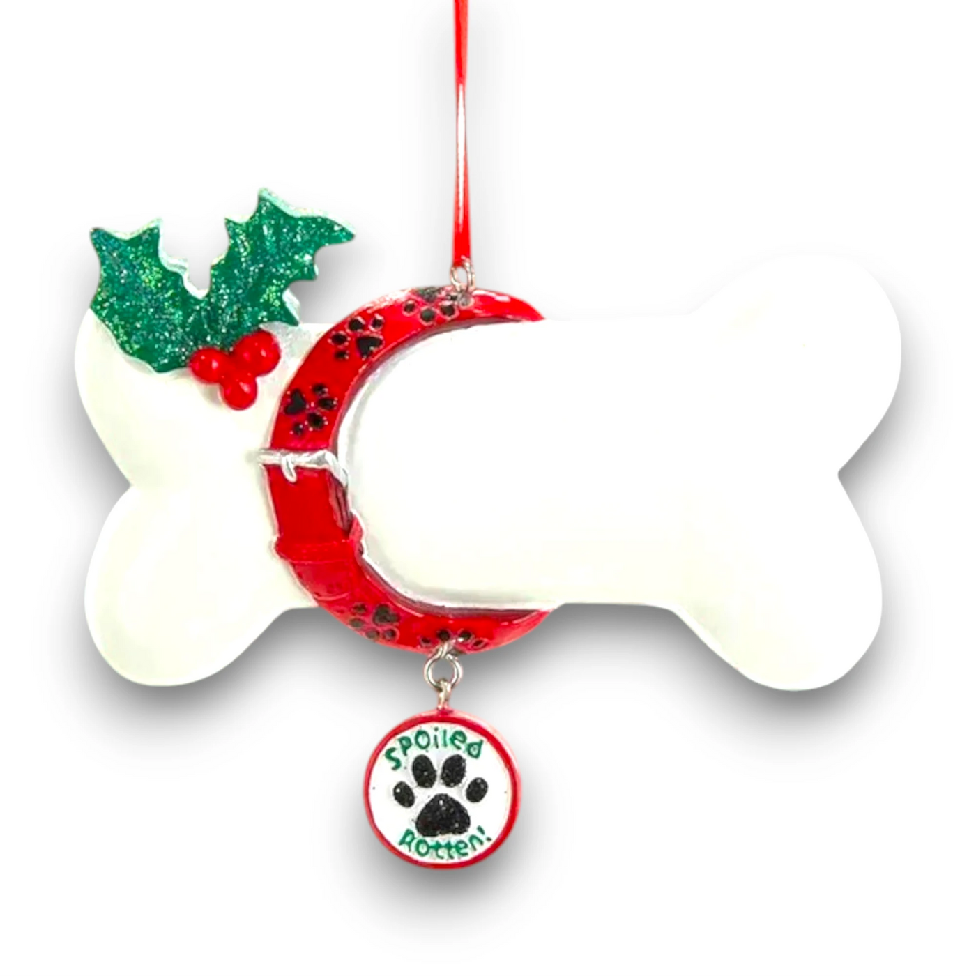 Personalized dog bone ornament with red collar, green holly, and a dangling "Spoiled Rotten" charm, customizable with your dog's name.
