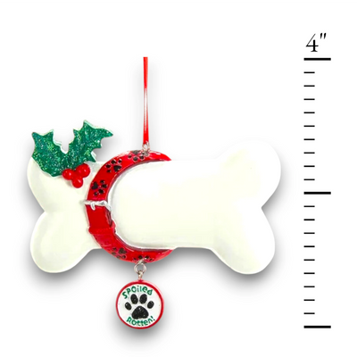 Personalized dog bone ornament with red collar, green holly, and a dangling "Spoiled Rotten" charm, customizable with your dog's name.

