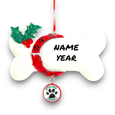 Personalized dog bone ornament with red collar, green holly, and a dangling "Spoiled Rotten" charm, customizable with your dog's name.
