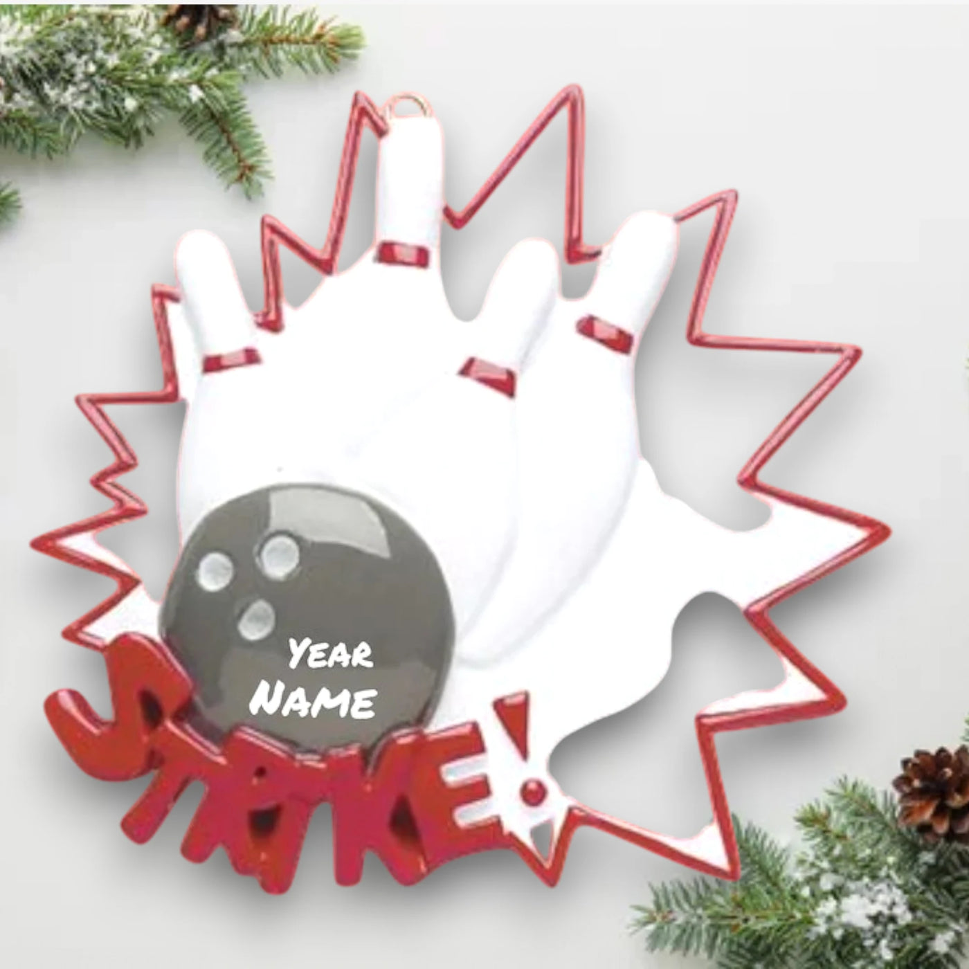 Personalized Strike Christmas Ornament featuring bowling pins, a ball, and customizable name and year.

