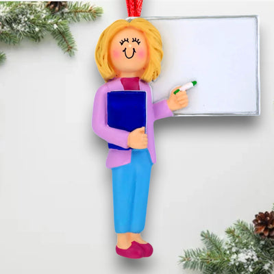 Personalized Blonde Female Teacher Ornament with Blue Pants – Custom Name, Grade, and Year Resin Ornament