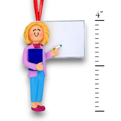 Personalized Blonde Female Teacher Ornament with Blue Pants – Custom Name, Grade, and Year Resin Ornament