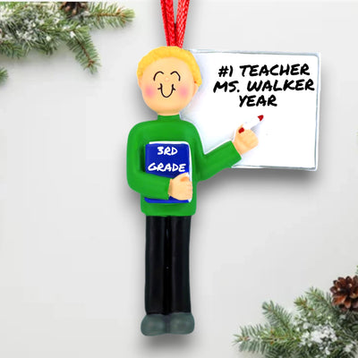 Personalized Male Teacher Ornament in Green Sweater with Book and Board – Custom Name, Year, and Grade Resin Ornament