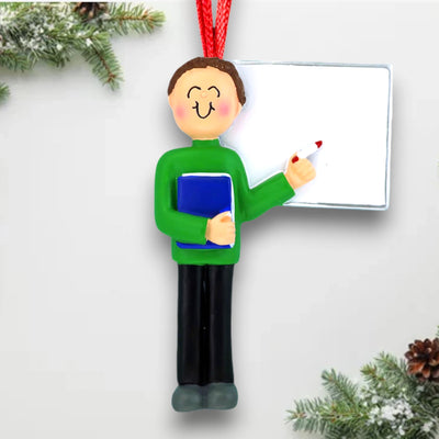 Personalized Teacher Ornament with Brunette Male Holding Book and Whiteboard – Customizable with Name, Grade, and Year