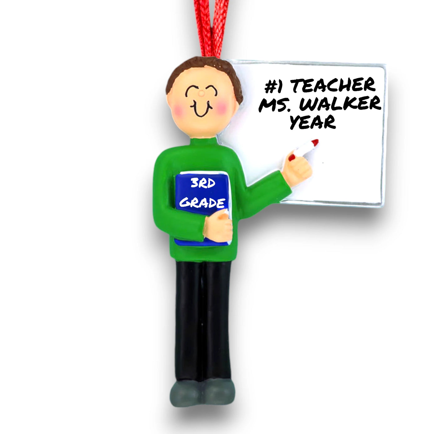 Personalized Teacher Ornament with Brunette Male Holding Book and Whiteboard – Customizable with Name, Grade, and Year