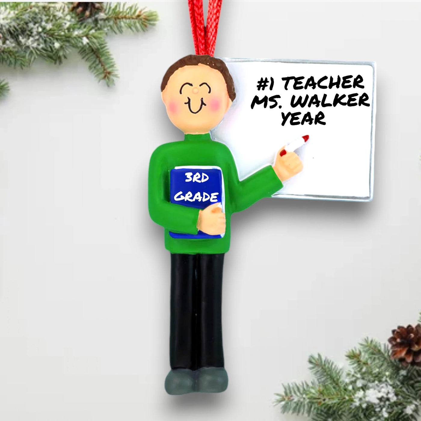 Personalized Teacher Ornament with Brunette Male Holding Book and Whiteboard – Customizable with Name, Grade, and Year