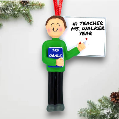 Personalized Teacher Ornament with Brunette Male Holding Book and Whiteboard – Customizable with Name, Grade, and Year