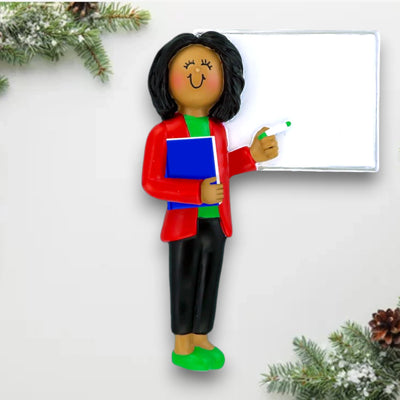 Personalized Teacher Ornament – African American Female in Red Jacket with Whiteboard and Notebook, Customizable Name, Grade, and Year