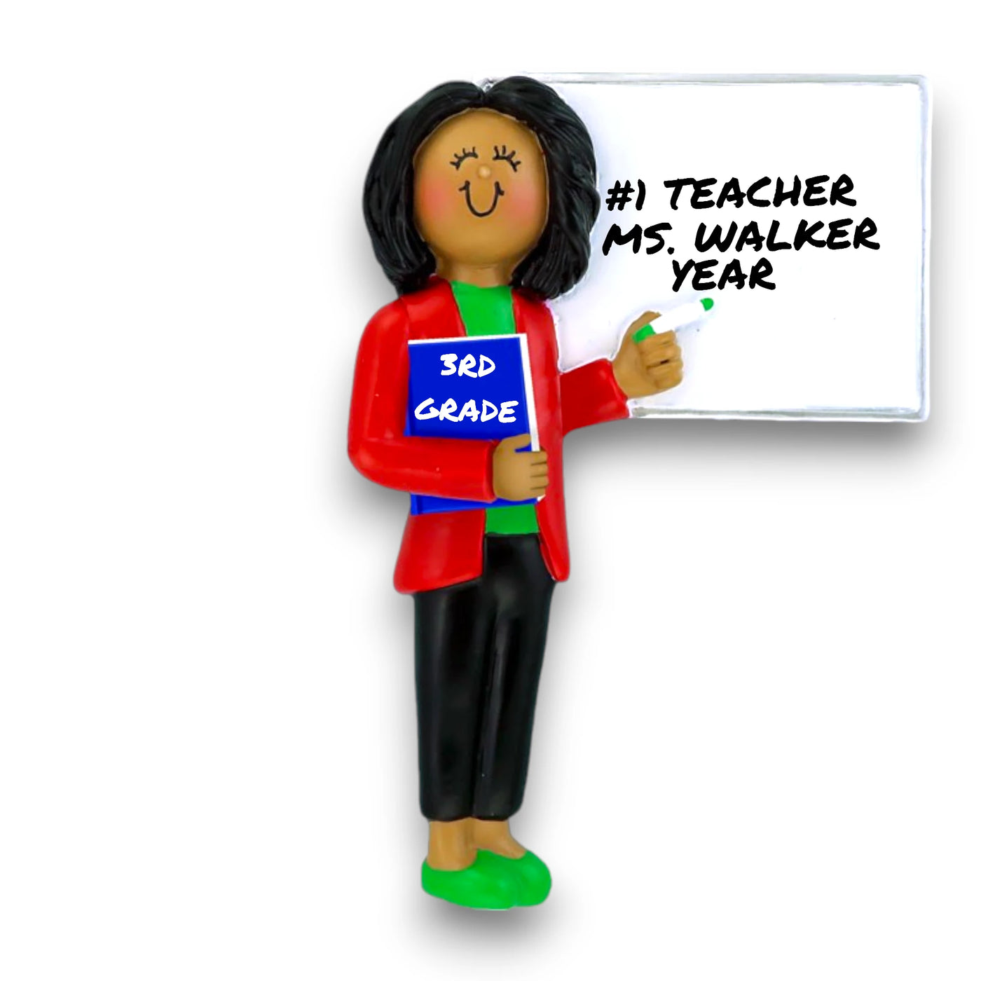 Personalized Teacher Ornament – African American Female in Red Jacket with Whiteboard and Notebook, Customizable Name, Grade, and Year