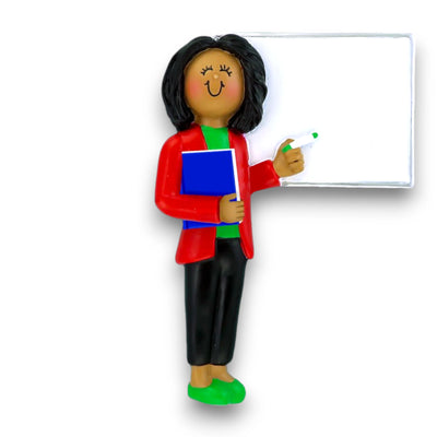 Personalized Teacher Ornament – African American Female in Red Jacket with Whiteboard and Notebook, Customizable Name, Grade, and Year