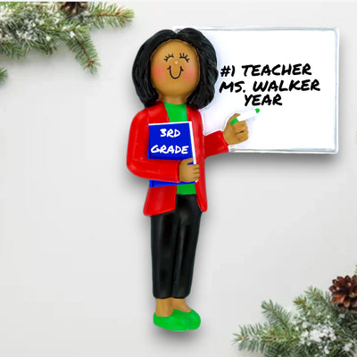 Personalized Teacher Ornament – African American Female in Red Jacket with Whiteboard and Notebook, Customizable Name, Grade, and Year