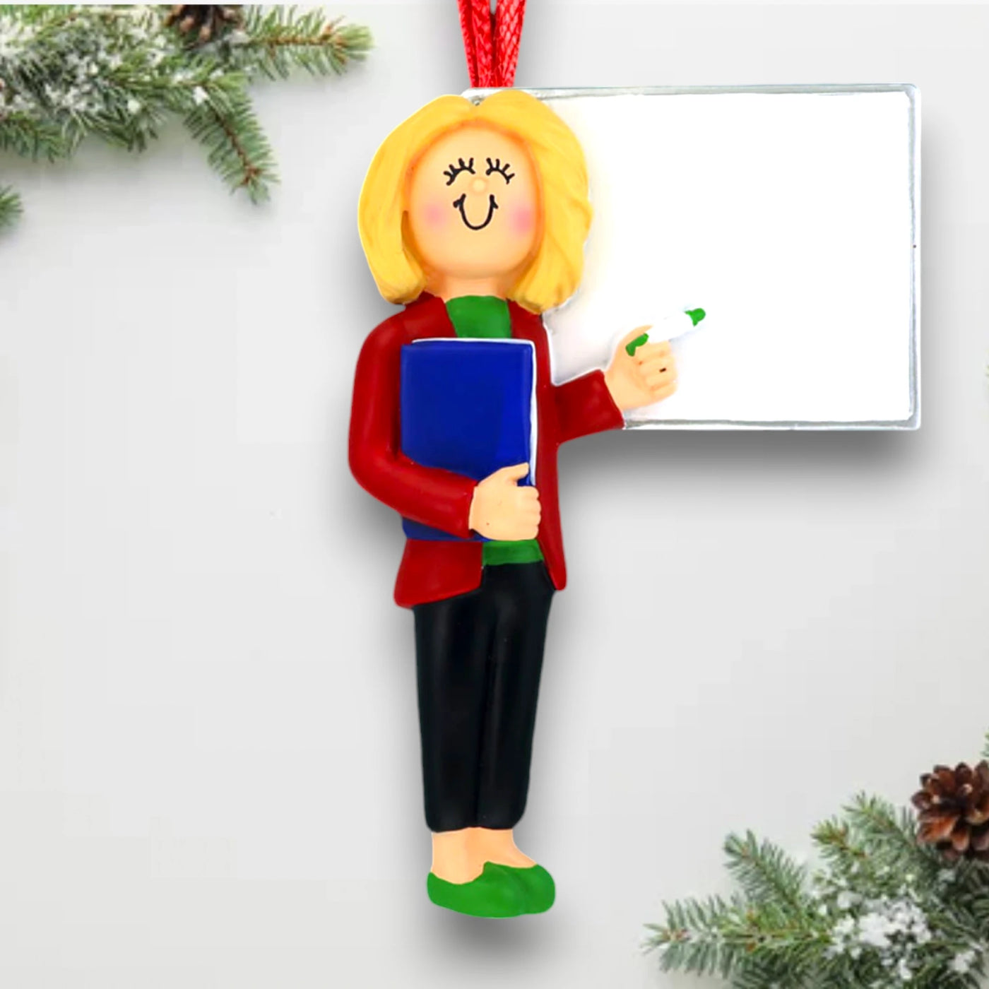 Personalized Blonde Female Teacher Ornament in Red Jacket with Whiteboard – Custom Name, Grade, and Year Resin Ornament

