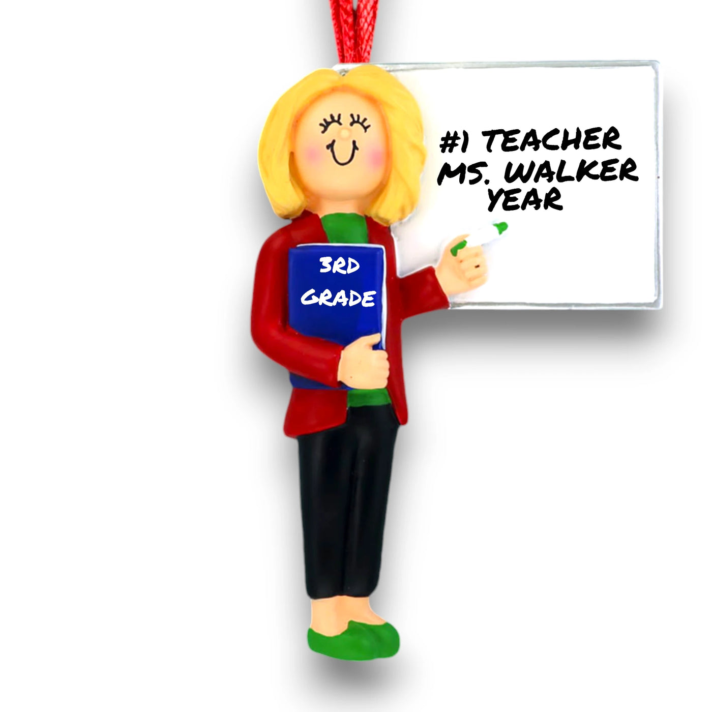 Personalized Blonde Female Teacher Ornament in Red Jacket with Whiteboard – Custom Name, Grade, and Year Resin Ornament

