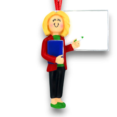 Personalized Blonde Female Teacher Ornament in Red Jacket with Whiteboard – Custom Name, Grade, and Year Resin Ornament

