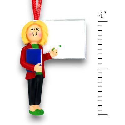 Personalized Blonde Female Teacher Ornament in Red Jacket with Whiteboard – Custom Name, Grade, and Year Resin Ornament

