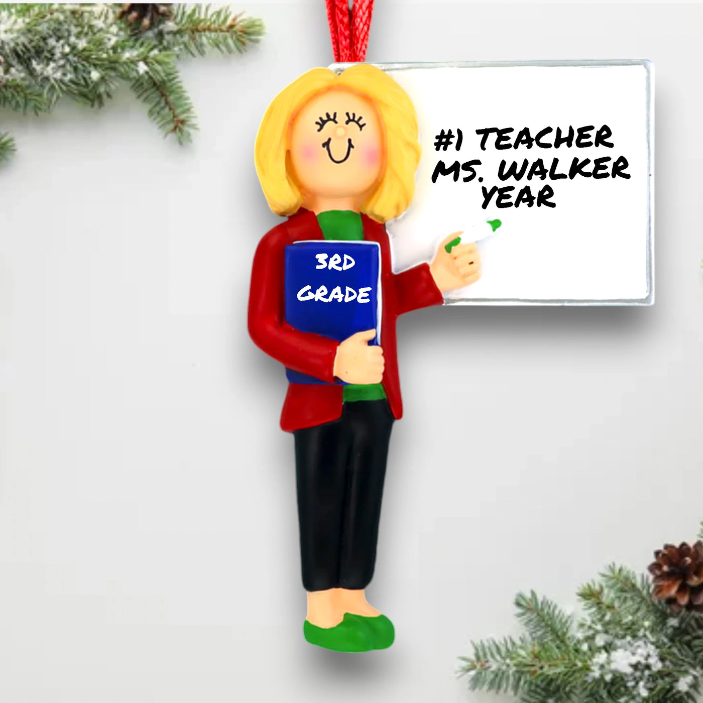 Personalized Blonde Female Teacher Ornament in Red Jacket with Whiteboard – Custom Name, Grade, and Year Resin Ornament

