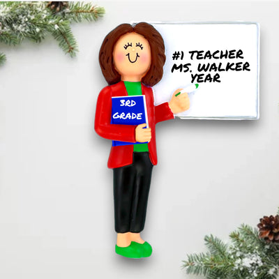 Personalized Teacher Red Jacket Female Brunette Ornament with Book and Whiteboard – Custom Name and Year Resin Ornament