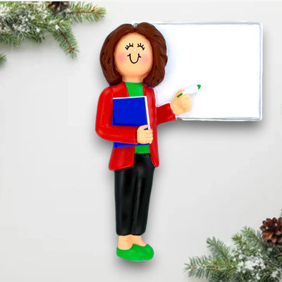 Personalized Teacher Red Jacket Female Brunette Ornament with Book and Whiteboard – Custom Name and Year Resin Ornament