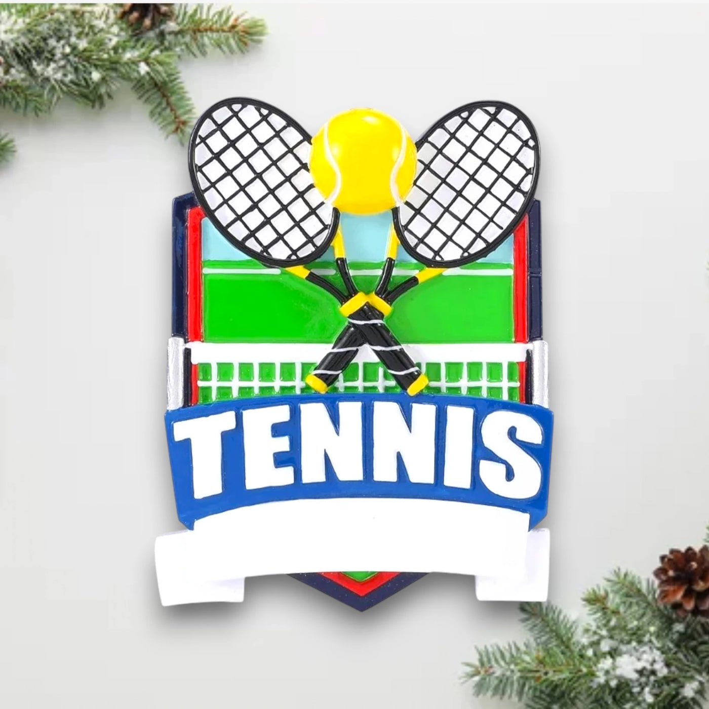 Personalized Tennis Shield Christmas Ornament with customizable name and year, featuring crossed tennis rackets, a yellow tennis ball, and a green court background.
