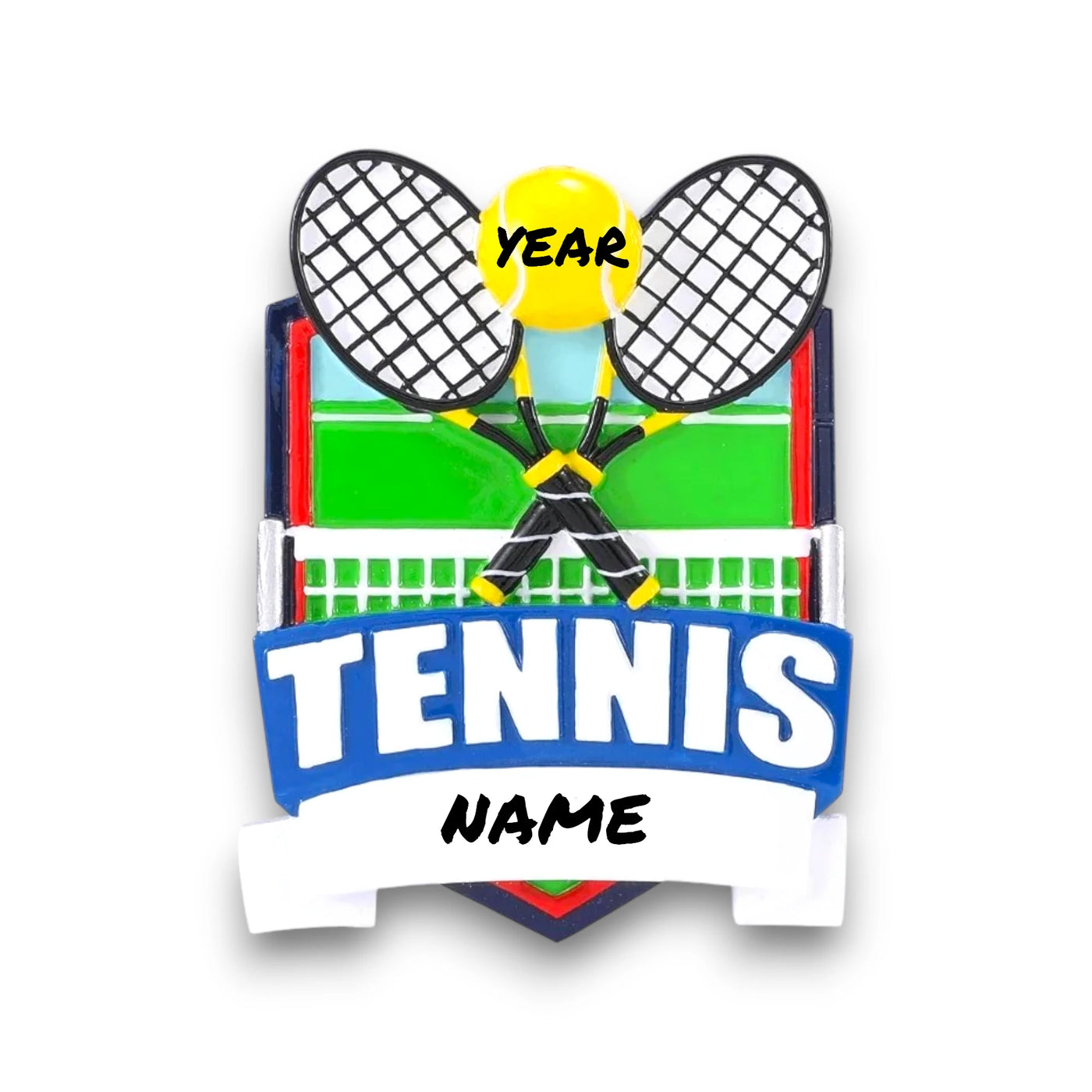 Personalized Tennis Shield Christmas Ornament with customizable name and year, featuring crossed tennis rackets, a yellow tennis ball, and a green court background.
