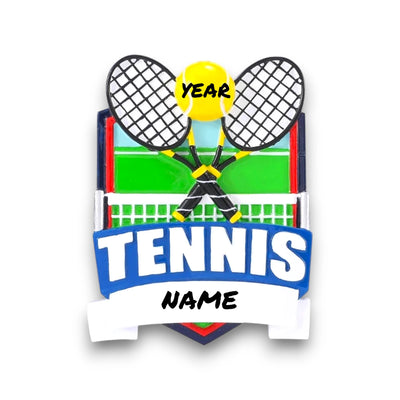 Personalized Tennis Shield Christmas Ornament with customizable name and year, featuring crossed tennis rackets, a yellow tennis ball, and a green court background.
