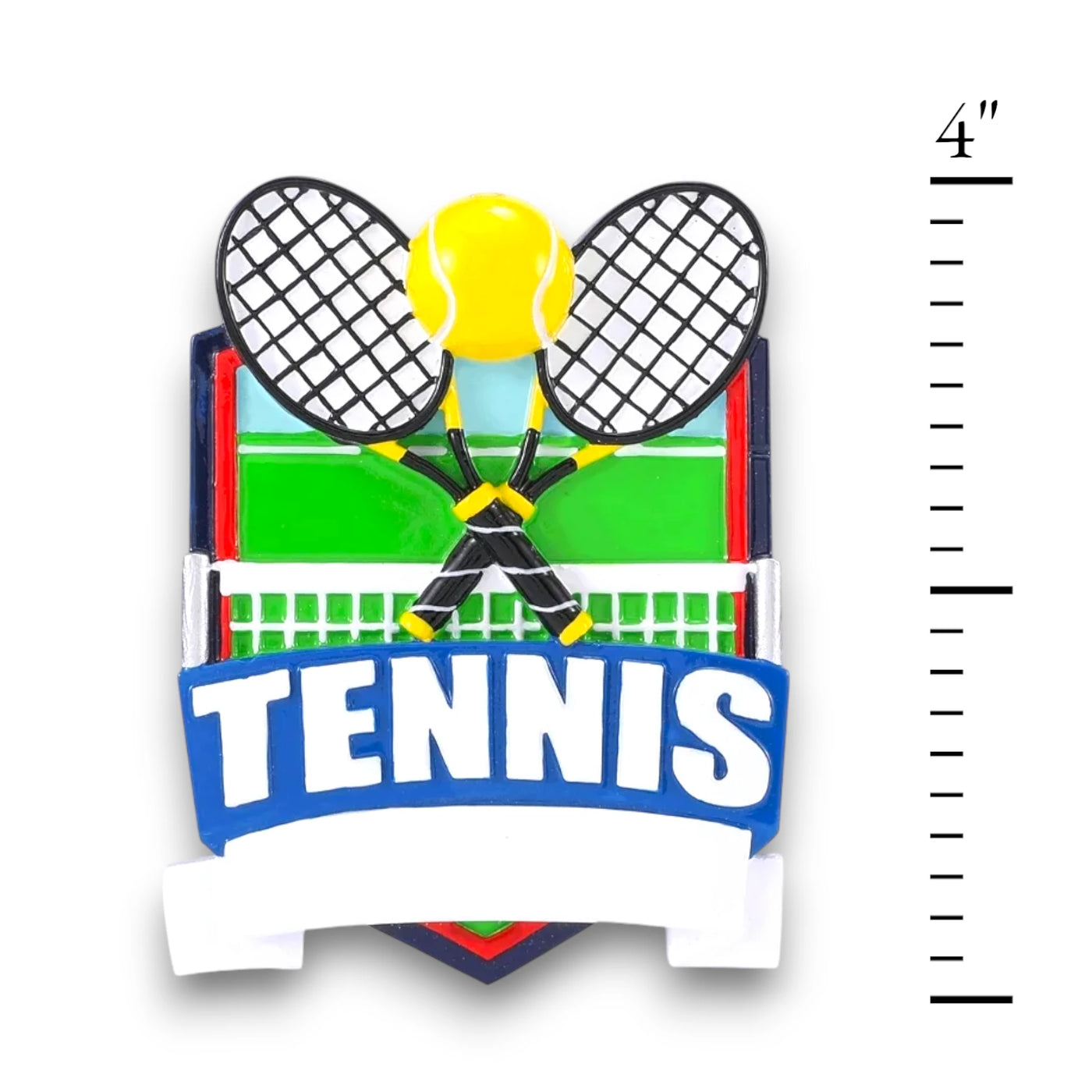 Personalized Tennis Shield Christmas Ornament with customizable name and year, featuring crossed tennis rackets, a yellow tennis ball, and a green court background.
