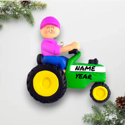 Personalized Green Tractor Female Christmas Ornament – Customizable with Name and Year, Farm-Themed Resin Ornament