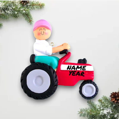 Personalized Red Tractor Female Christmas Ornament with Custom Name and Year – Farm-Themed Resin Ornament