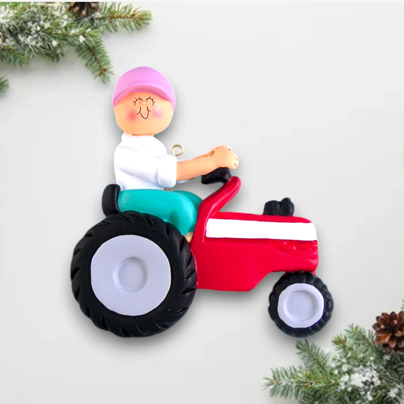 Personalized Red Tractor Female Christmas Ornament with Custom Name and Year – Farm-Themed Resin Ornament