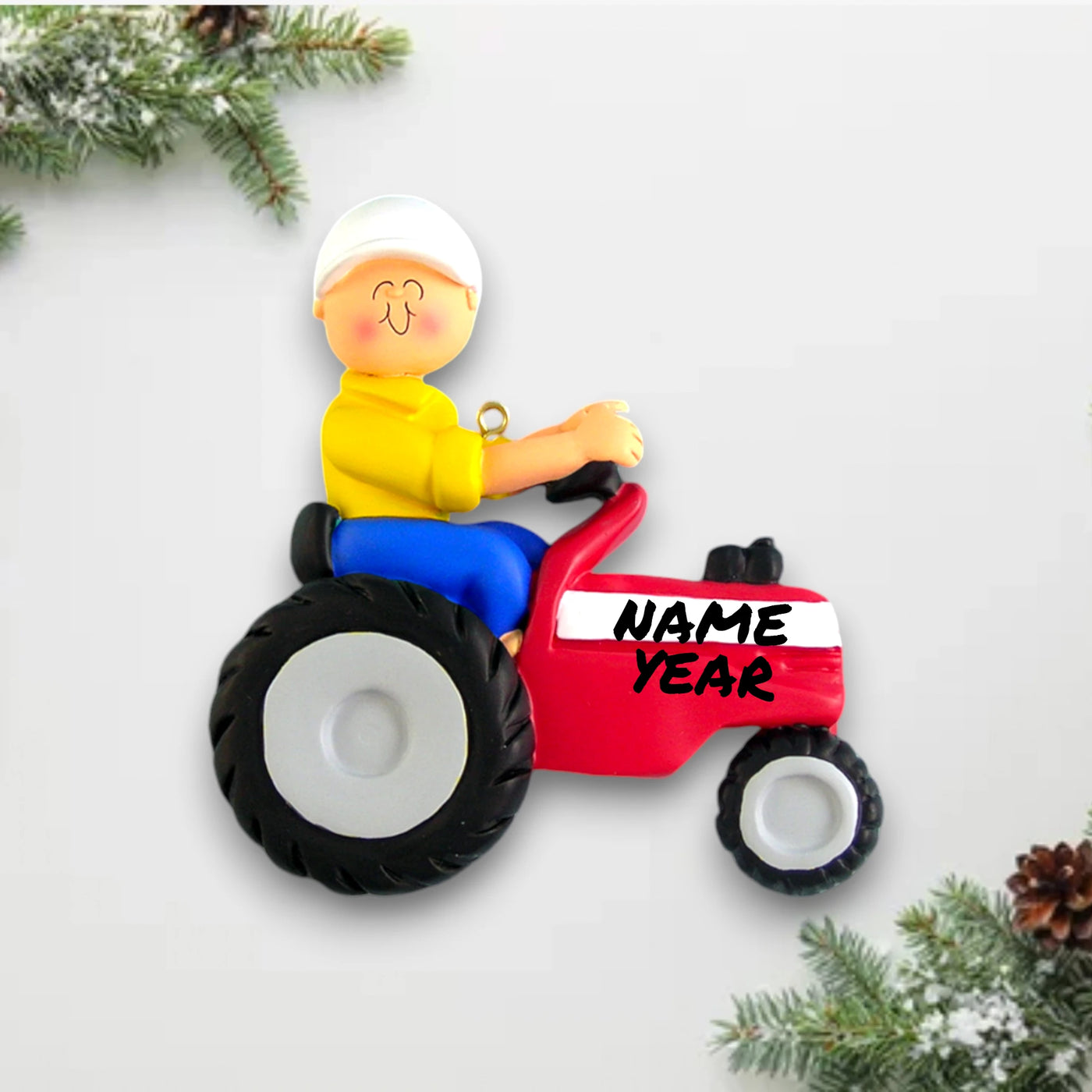 Personalized Red Tractor Male Christmas Ornament – Custom Name and Year Resin Ornament