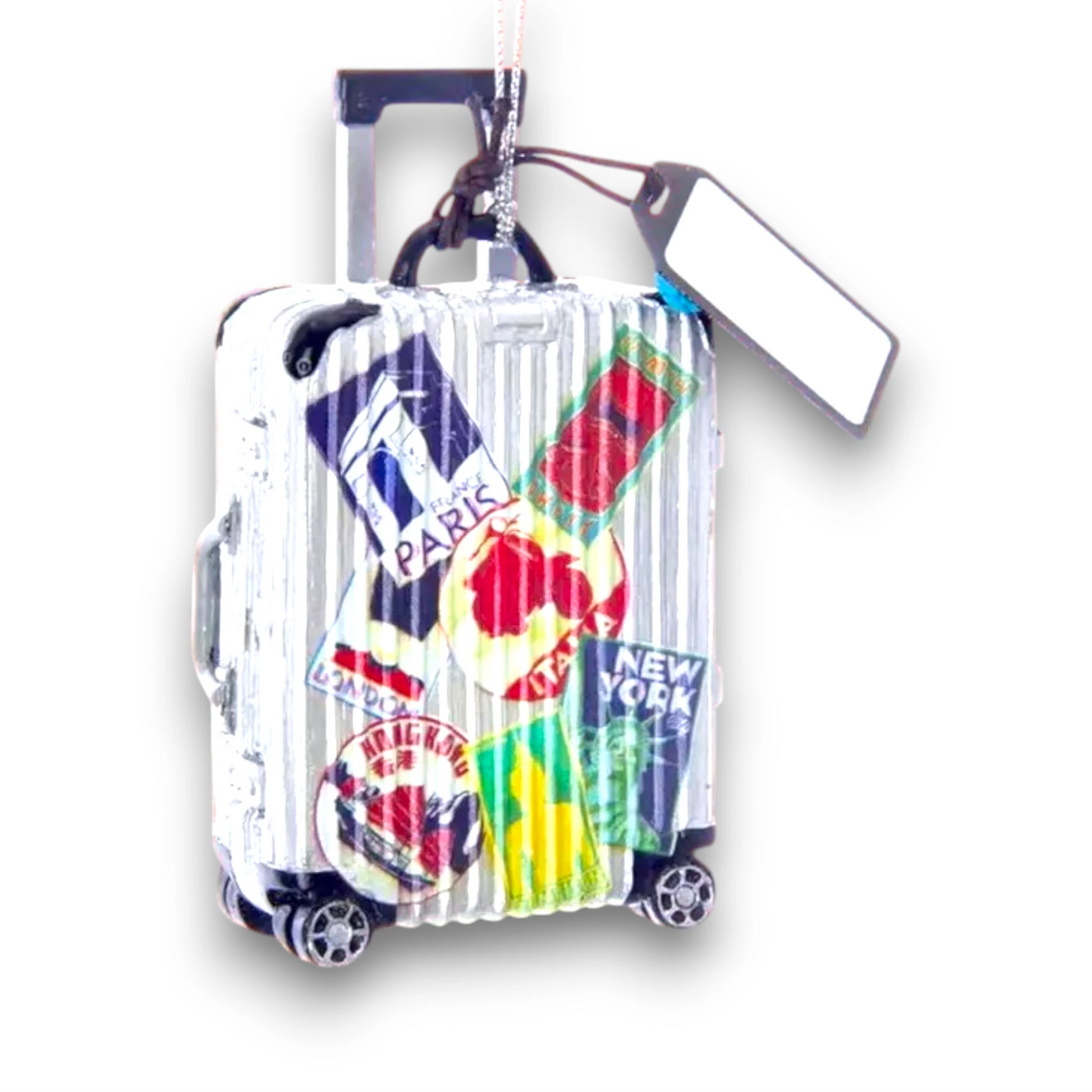 Personalized Travel Luggage Christmas Ornament featuring a suitcase with travel stickers from famous destinations like Paris, New York, and London, customizable with name and year.
