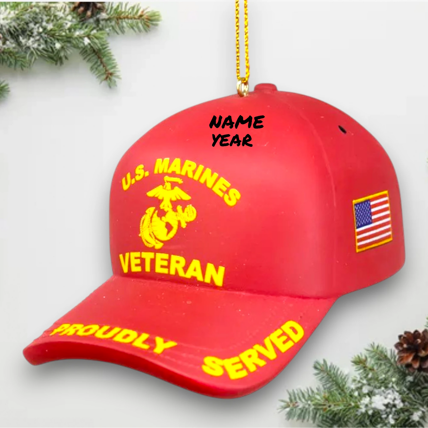 Personalized U.S. Marines Veteran Cap Christmas Ornament in red with "Proudly Served" lettering and American flag detail.

