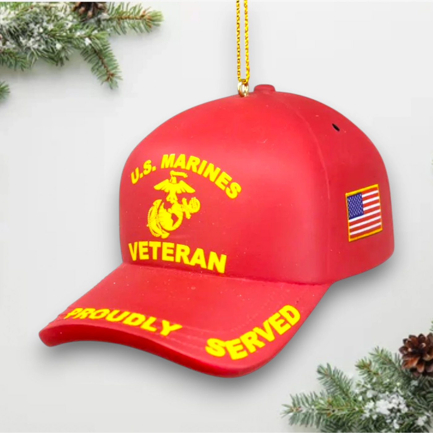 Personalized U.S. Marines Veteran Cap Christmas Ornament in red with "Proudly Served" lettering and American flag detail.
