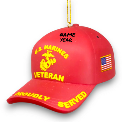 Personalized U.S. Marines Veteran Cap Christmas Ornament in red with "Proudly Served" lettering and American flag detail.
