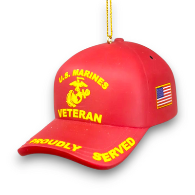 Personalized U.S. Marines Veteran Cap Christmas Ornament in red with "Proudly Served" lettering and American flag detail.
