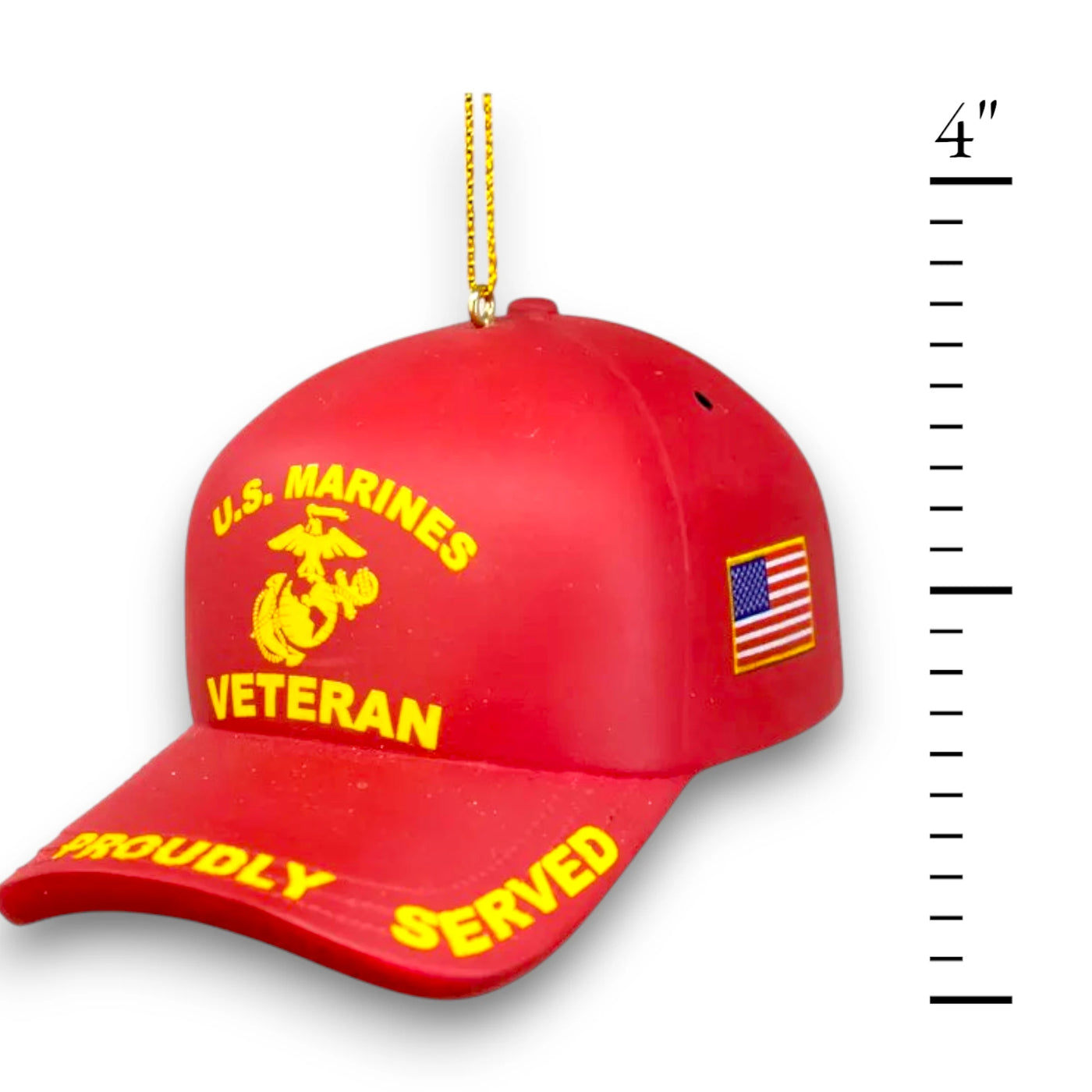 Personalized U.S. Marines Veteran Cap Christmas Ornament in red with "Proudly Served" lettering and American flag detail.
