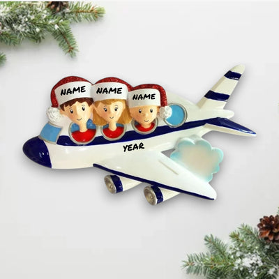 Personalized Vacation Family of 3 Christmas Ornament featuring a family in an airplane, customizable with names and year.